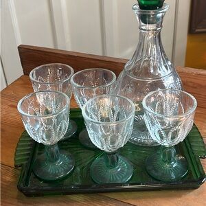 Vintage Avon Etched Clear Glass Decanter and Green-Stemmed Glasses Set
